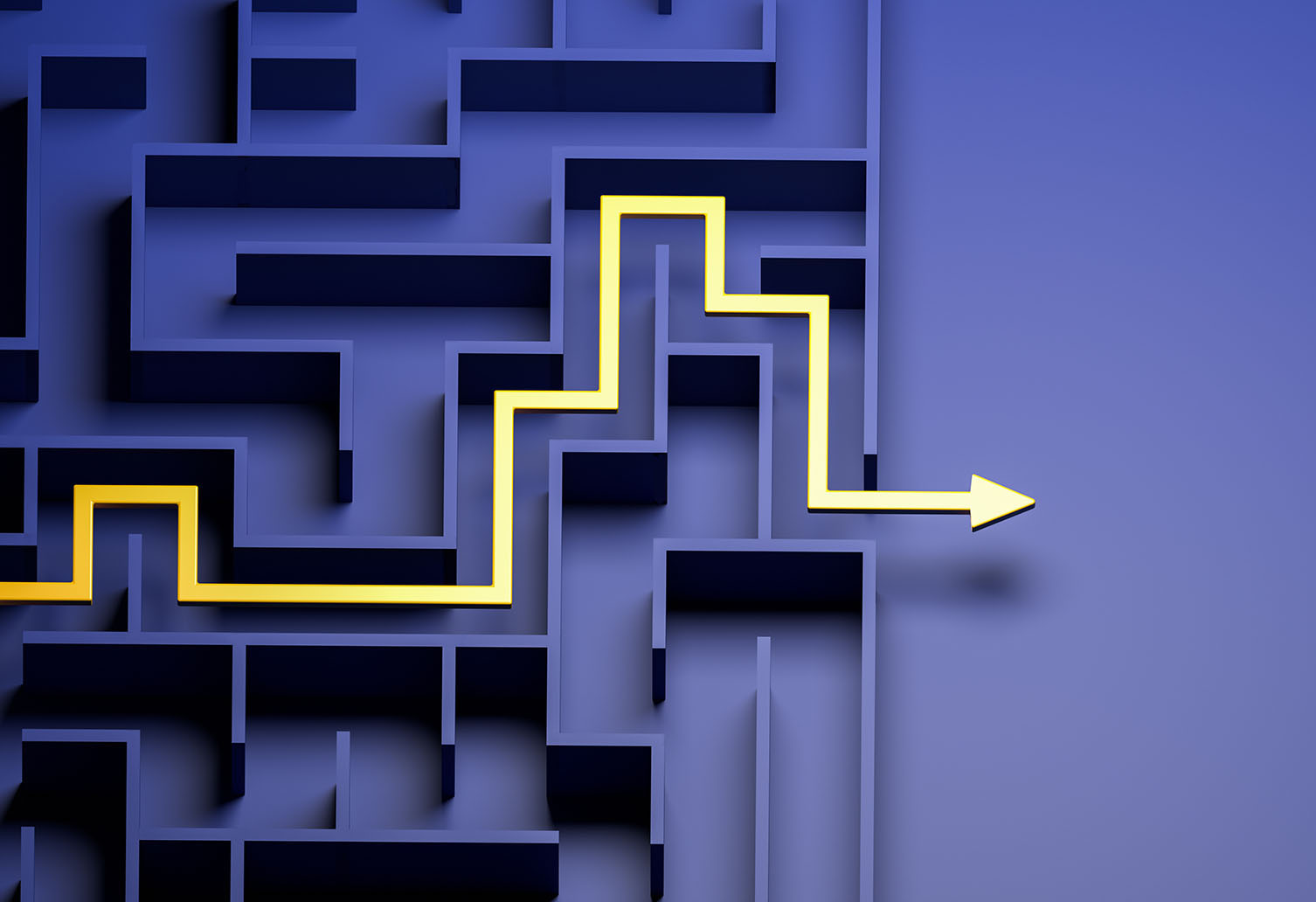 Blue maze and floor with yellow solution path with arrow.
